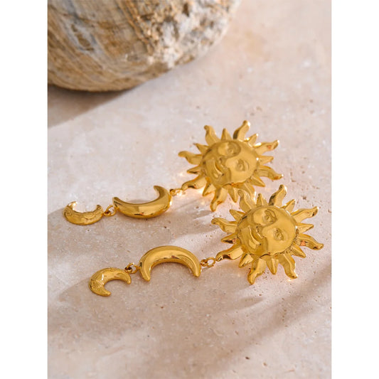 Golden Sun Moon Dangle Earrings - Trendy Daily Jewelry