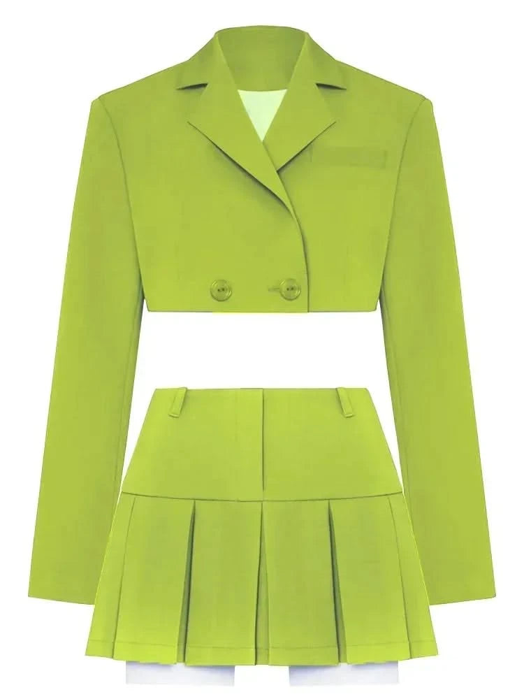 Green Blazer Cropped Top and Skirt