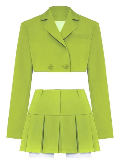 Green Blazer Cropped Top and Skirt