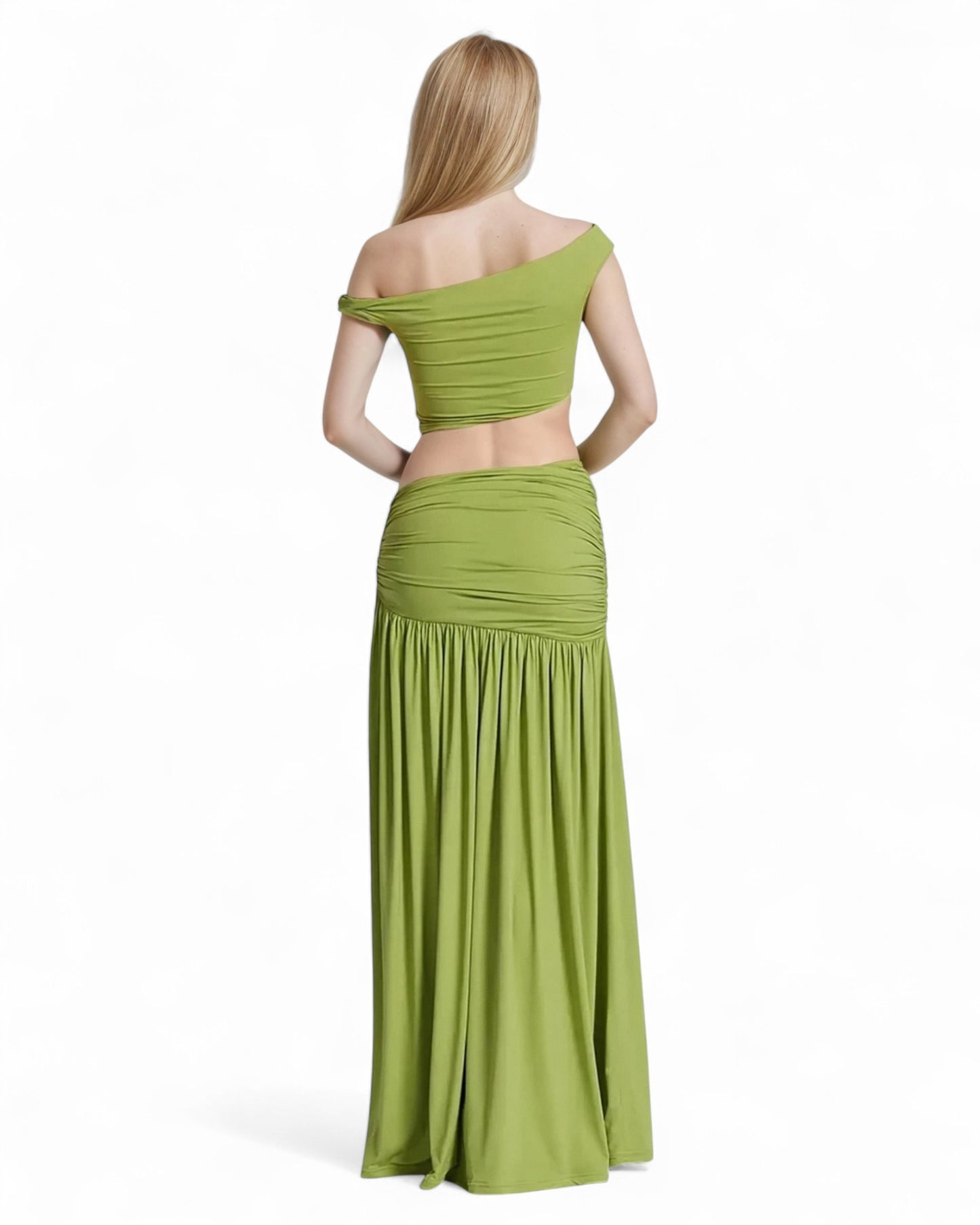 Green Elegant Skew Neck Set – Backless Pleated Fit