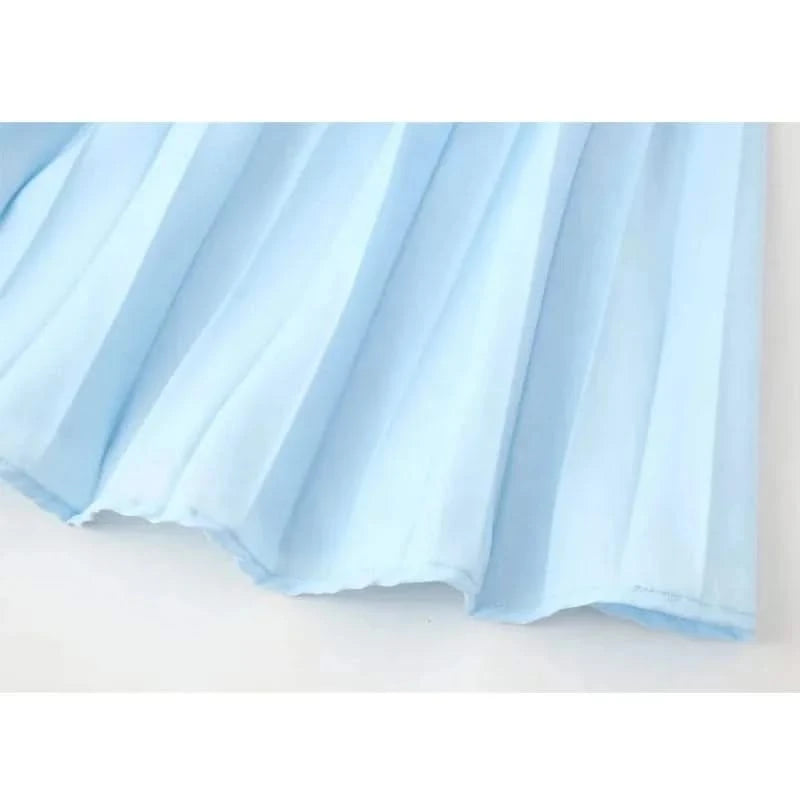 Hemline and pleated details of Blue Strapless Pleated Maxi Dress
