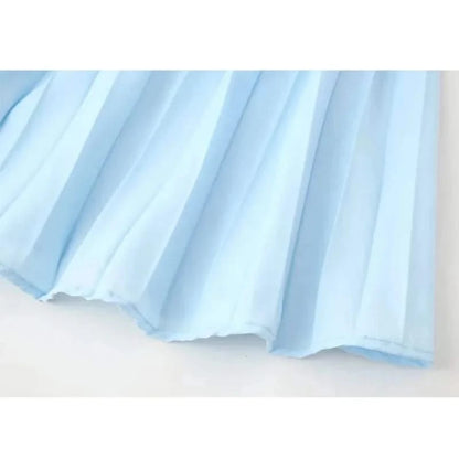 Hemline and pleated details of Blue Strapless Pleated Maxi Dress
