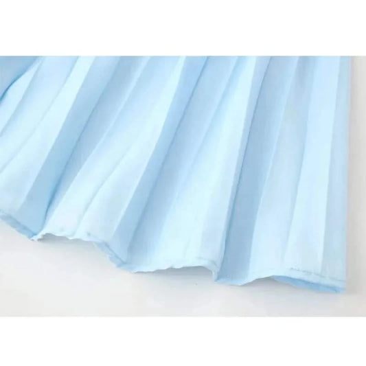 Hemline and pleated details of Blue Strapless Pleated Maxi Dress