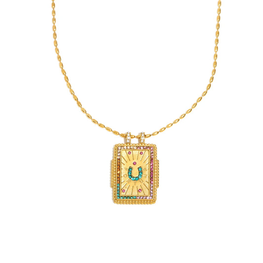 Horseshoe & Rays Square Zircon Pendant Necklace