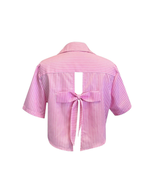Striped Back Bow Short Sleeve Blouse
