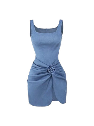 Blue Denim Mini Dress with Ruched and 3D Flower - Mabel Love Co