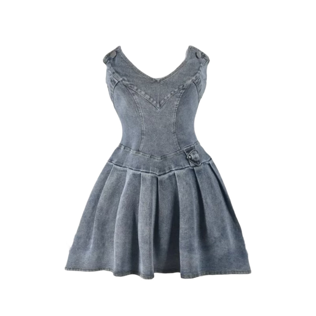 Denim Pleated Mini Dress - Mabel Love Co