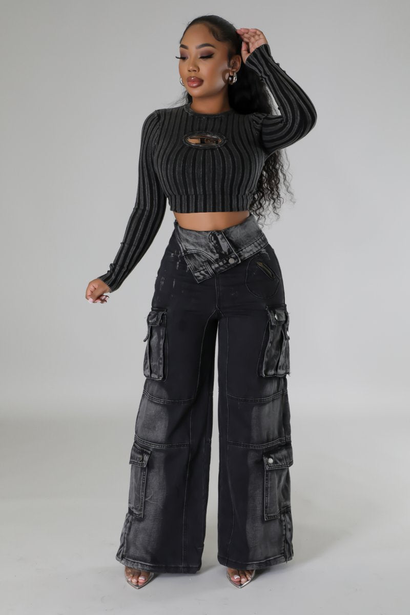 Front details of High-Waist Fold Over Black Cargo Jeans