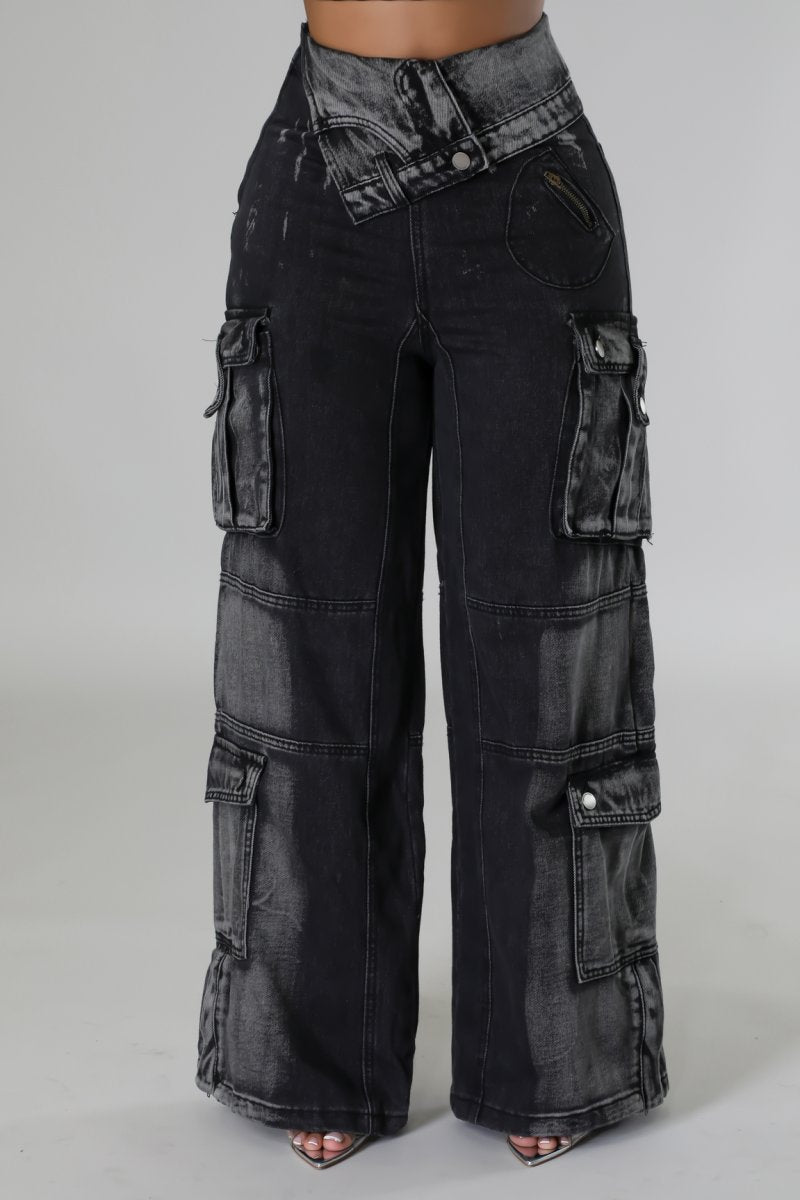 Front details of High-Waist Fold Over Black Cargo Jeans