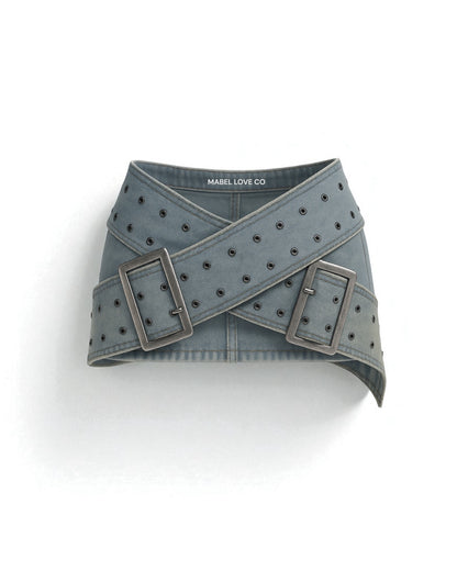 micro belt mini denim skirt