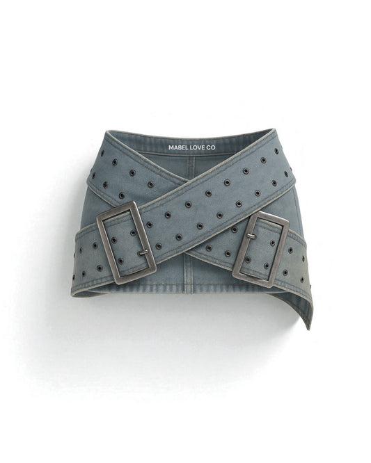 micro belt mini denim skirt