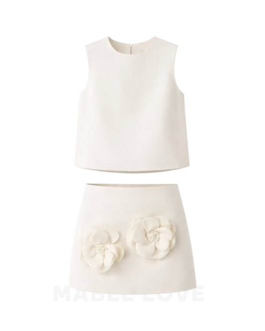 Front view 3D flower crop top and skirt set for women