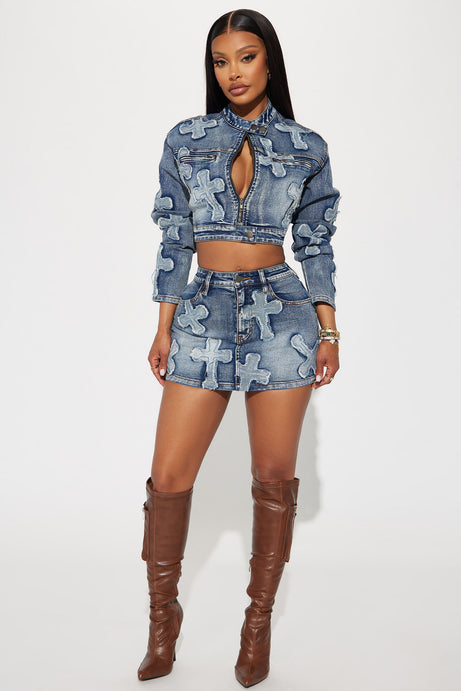 Embroidered Denim Skirt and Cropped Jacket Set