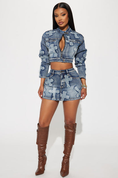 Embroidered Denim Skirt and Cropped Jacket Set
