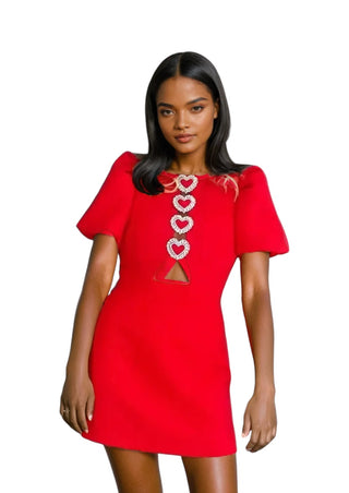 Red Hollow-Out Puff Sleeve Dress