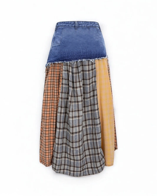 Luna Plaid Patchwork A-line Skirt - model wearing new