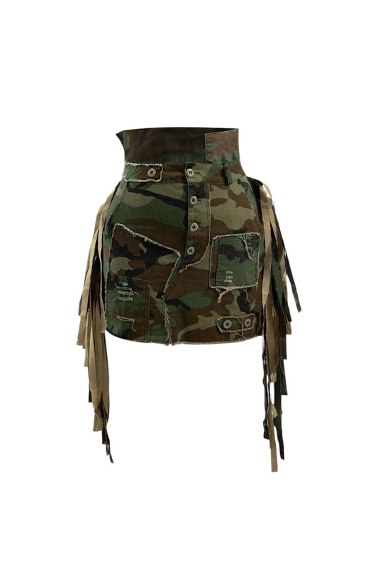 Ivy Khaki Tassel Splicing Camo A-line Midi Skirt - lifestyle photo