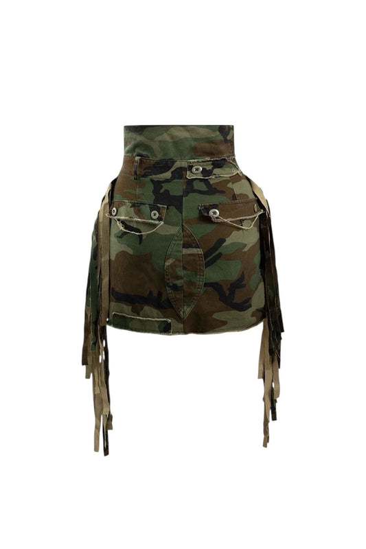 Ivy Khaki Tassel Splicing Camo A-line Midi Skirt - model wearing new