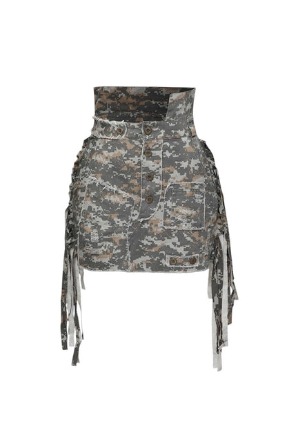 Ivy Khaki Tassel Splicing Camo A-line Midi Skirt