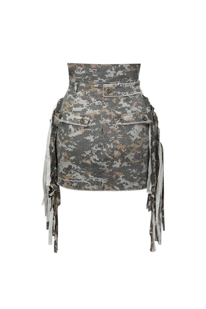 Ivy Khaki Tassel Splicing Camo A-line Midi Skirt
