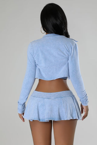 Back details of blue Three-Piece Acid Wash Set with Mini Pleated Skirt