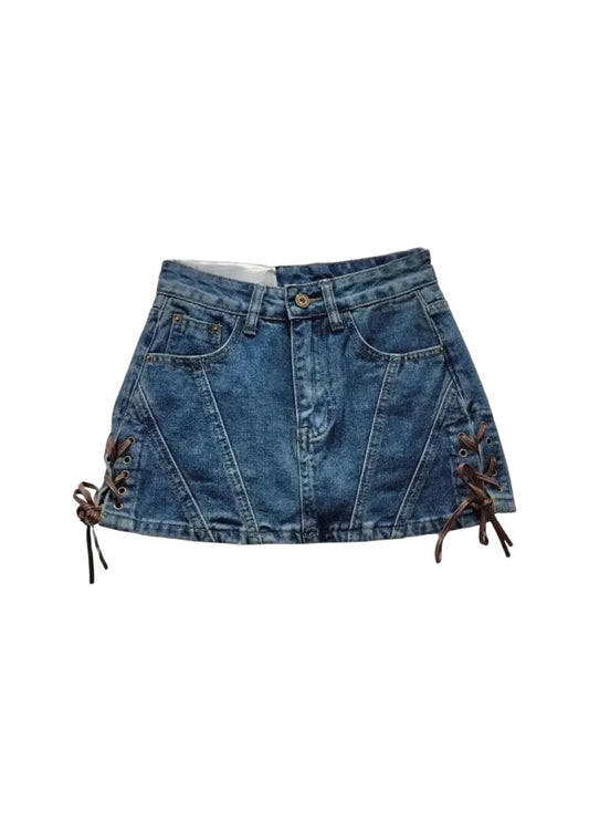 Denim Skirt with Lace-Up Design