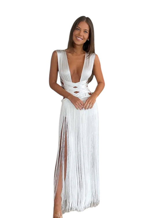Long White Dress with Tassels