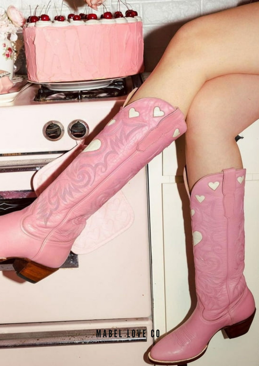 Close-up photo of Pink  Mid-Calf Boots with Embroidered White Hearts
