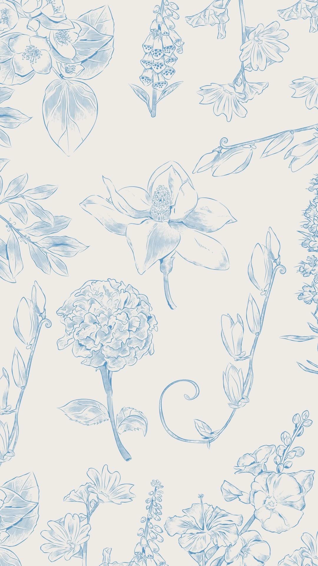 Pattern of blue floral drawings on a light beige background
