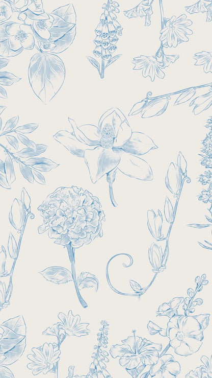 Pattern of blue floral drawings on a light beige background