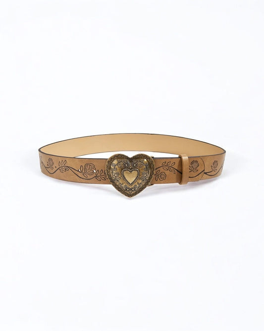 Light Brown Vintage-Inspired Heart Buckle Belt