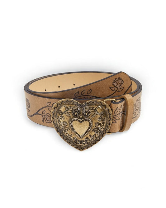 Light Brown Vintage-Inspired Heart Buckle Belt