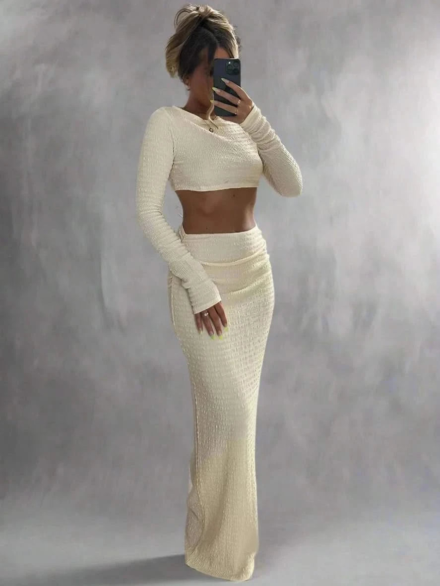 Long Sleeved Crop Top and Hip Long Skirt Set