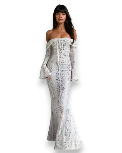 Floral Lace Off-Shoulder Maxi Dress - Elegant Boho Style | Mabel Love Co. White / M Floral Lace Off-Shoulder Maxi Dress - Elegant Boho Style | Mabel Love Co. White / M