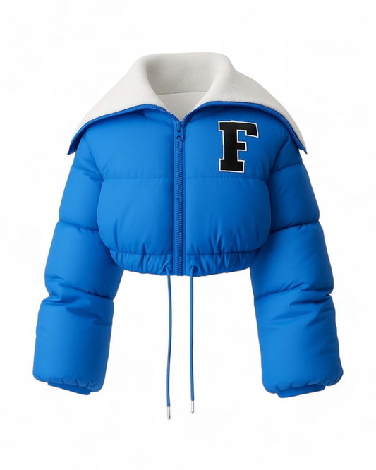 Cropped Varsity Puffer Jacket with Sherpa Collar – Front View