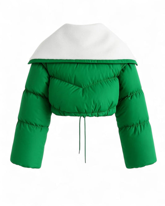 Cropped Varsity Puffer Jacket with Sherpa Collar – Back View