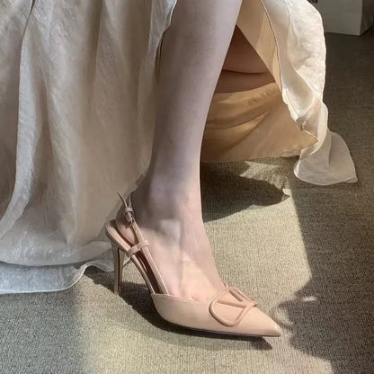 Nude Pointed-Toe Slingback Heels - ankle strap details