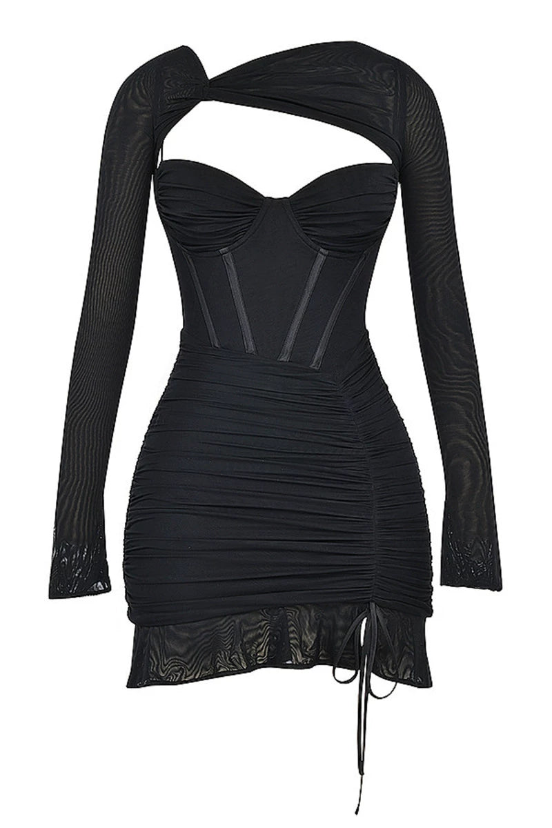 Front Details of Black Cut-Out Neck Ruched Side Mini Dress