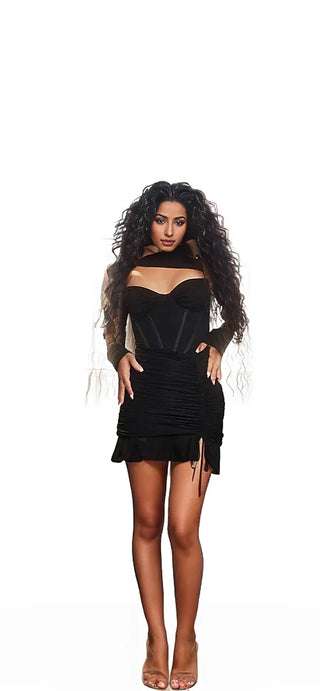 Sample wearing number two in the black Cut-Out Neck Ruched Side Mini Dress.