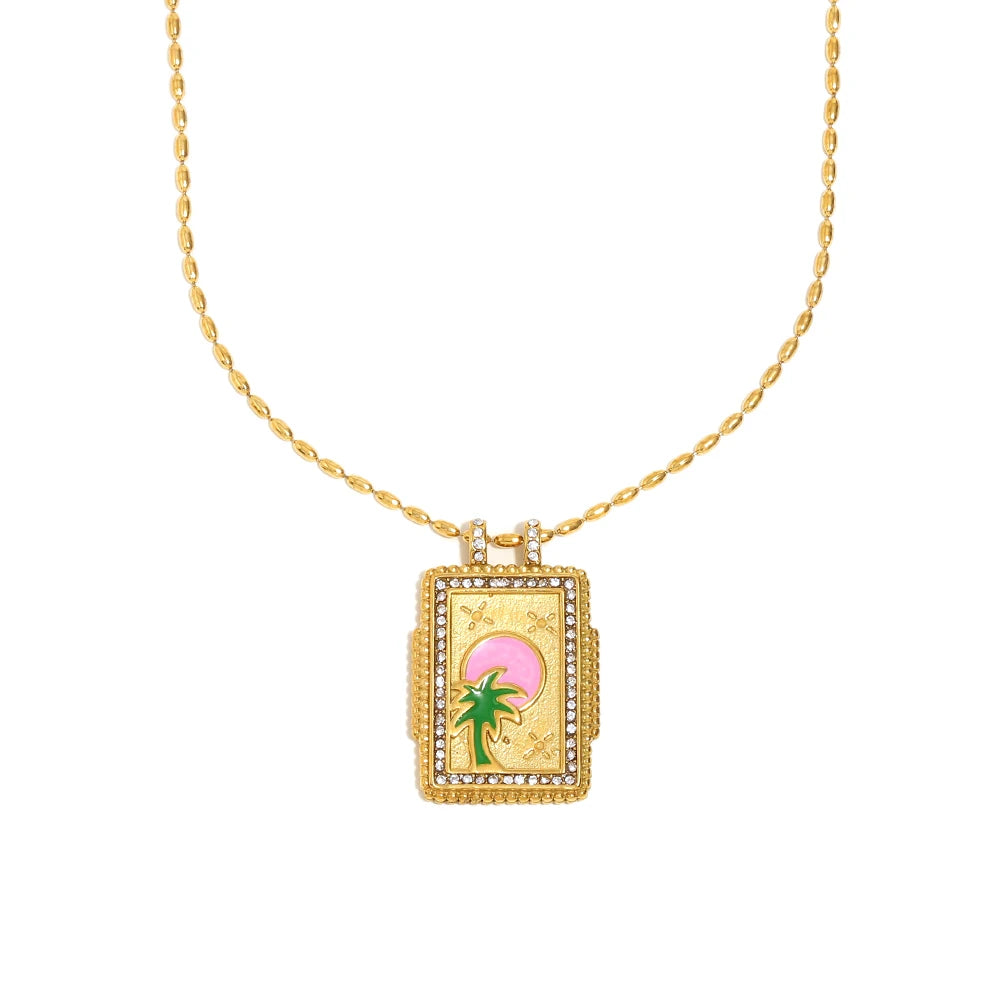 Palm Tree & Sun Square Zircon Pendant Necklace