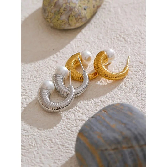 Pearl Ribbed Small Hoop Earrings