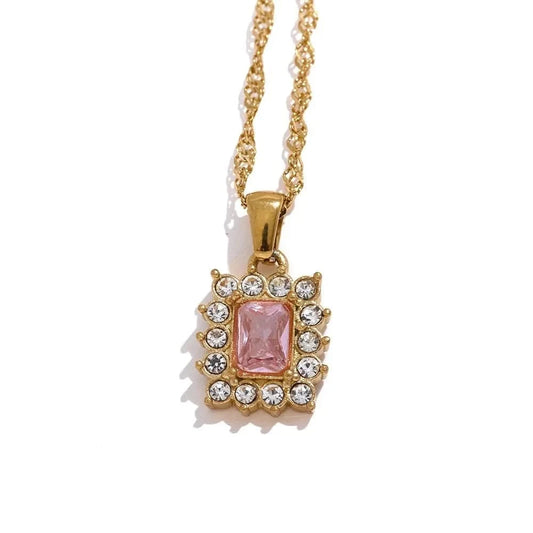 Pink Cubic Zirconia Pendant Gold Necklace