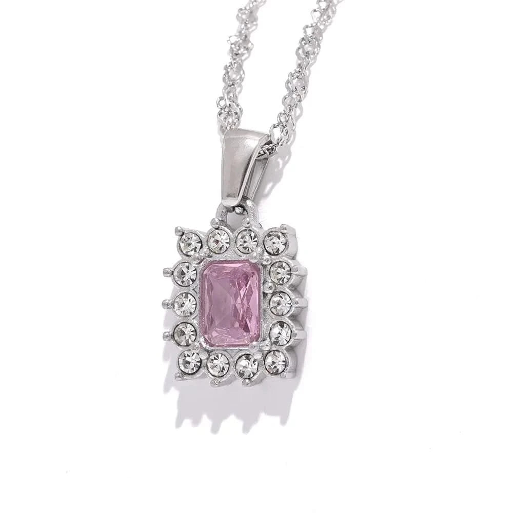 Pink Cubic Zirconia Pendant Silver Necklace