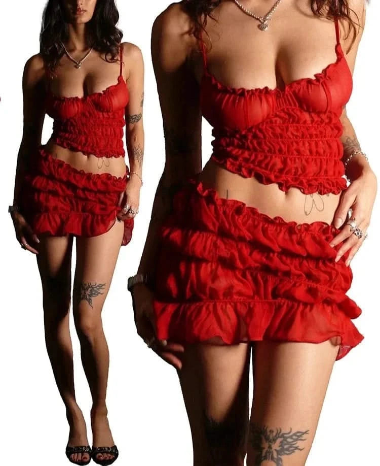 Red Ruffle Mini Skirt Set