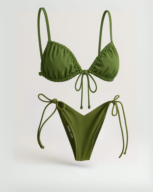 Retro Olive Green - Print Low Waist Bikini - Summer Swimwear