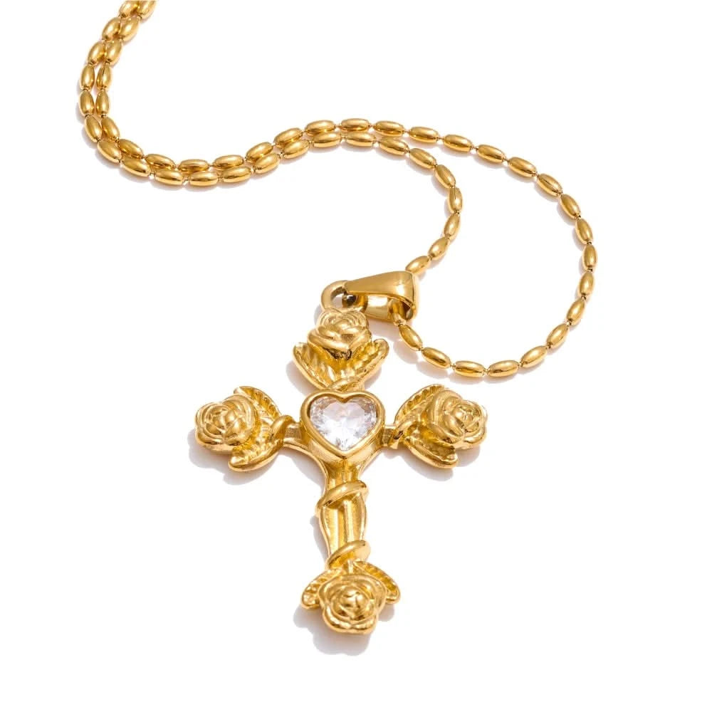 Rose Flower Cross Pendant Necklace - Aesthetic Jewelry