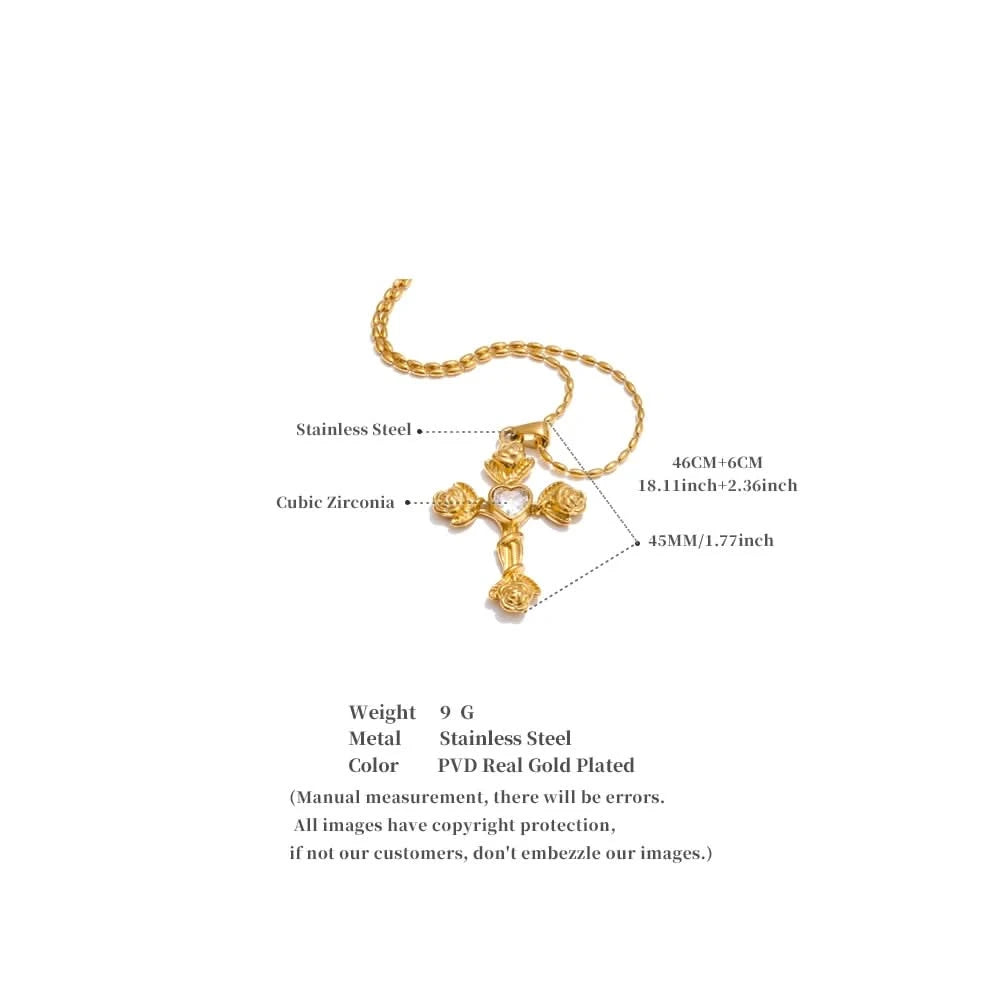 Rose Flower Cross Pendant Necklace - Aesthetic Jewelry