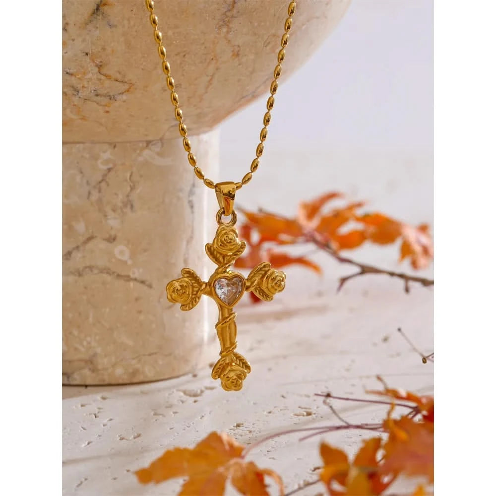 Rose Flower Cross Pendant Necklace - Aesthetic Jewelry