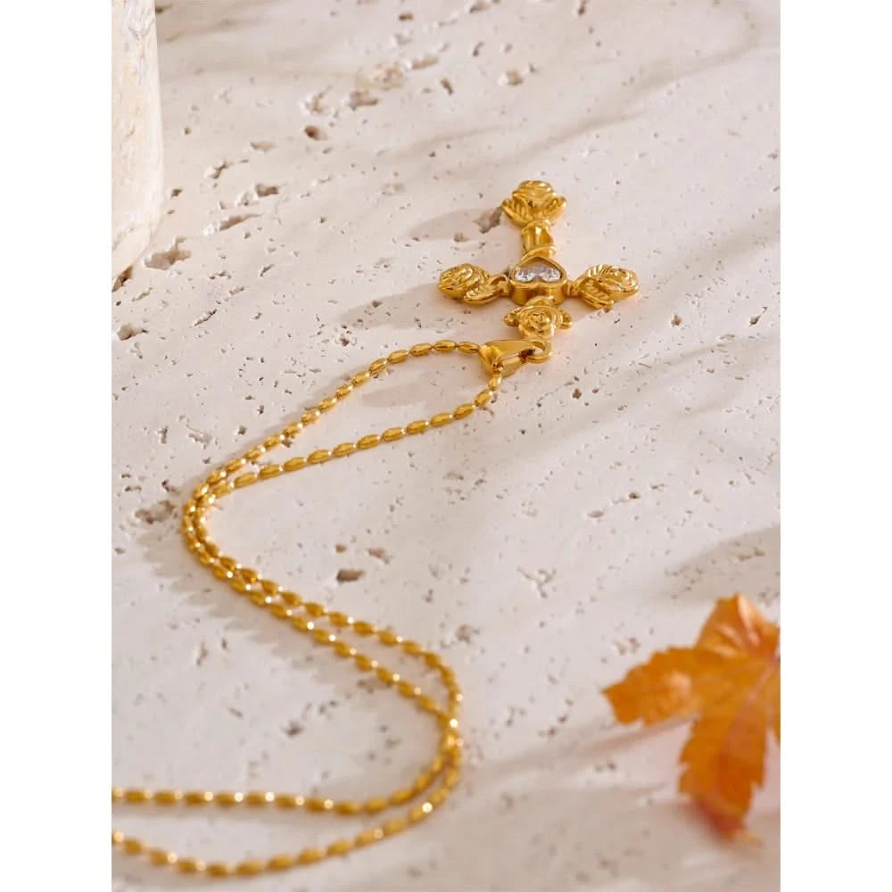 Rose Flower Cross Pendant Necklace - Aesthetic Jewelry