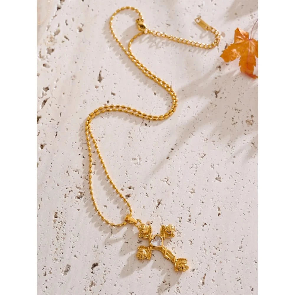 Rose Flower Cross Pendant Necklace - Aesthetic Jewelry